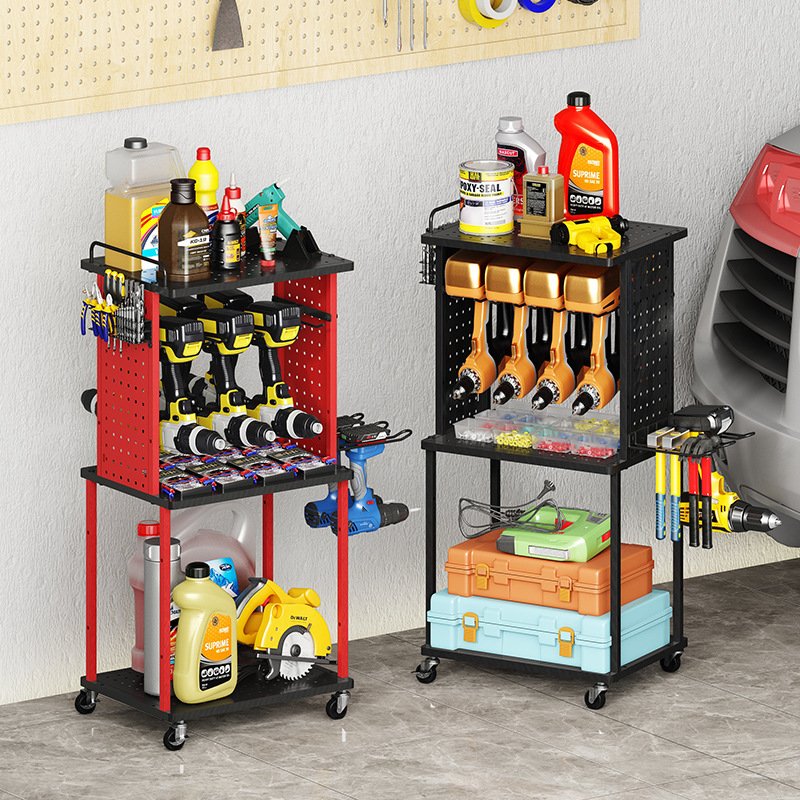 Multilayer trolley storage rack with pegboard, used to store various tools and parts in the maintenance workshop