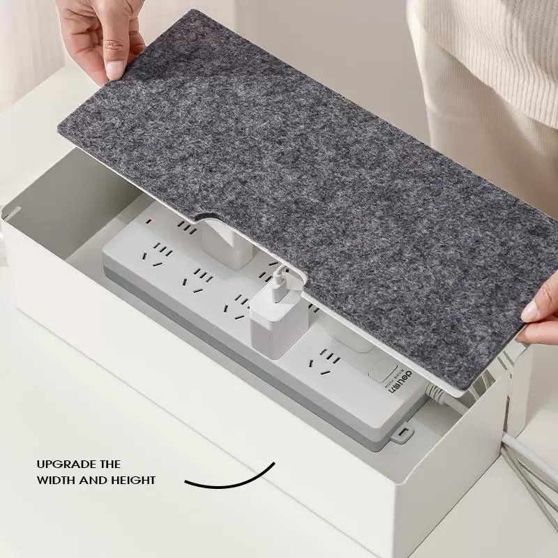 Storage box for data cables, charging cables and power strips which can be placed on the desktop to organize sockets, power cords, etc