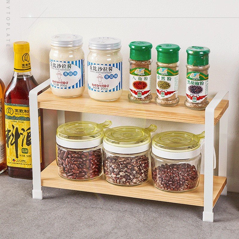 Multifunctional double-layer wooden shelf, which can be used to store condiment bottles, salt and pepper shakers