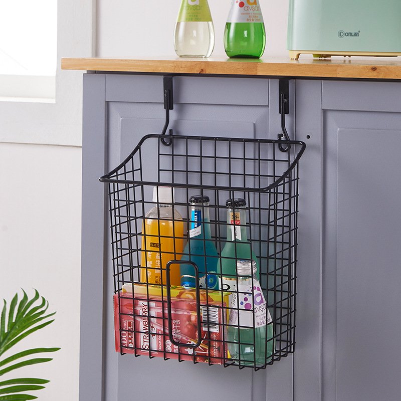 Drill-free metal mesh hanging basket and storage frame which can be used in the kitchen to organize bottles, jars and even garbage bags, and also in the bathroom to store bathroom supplies