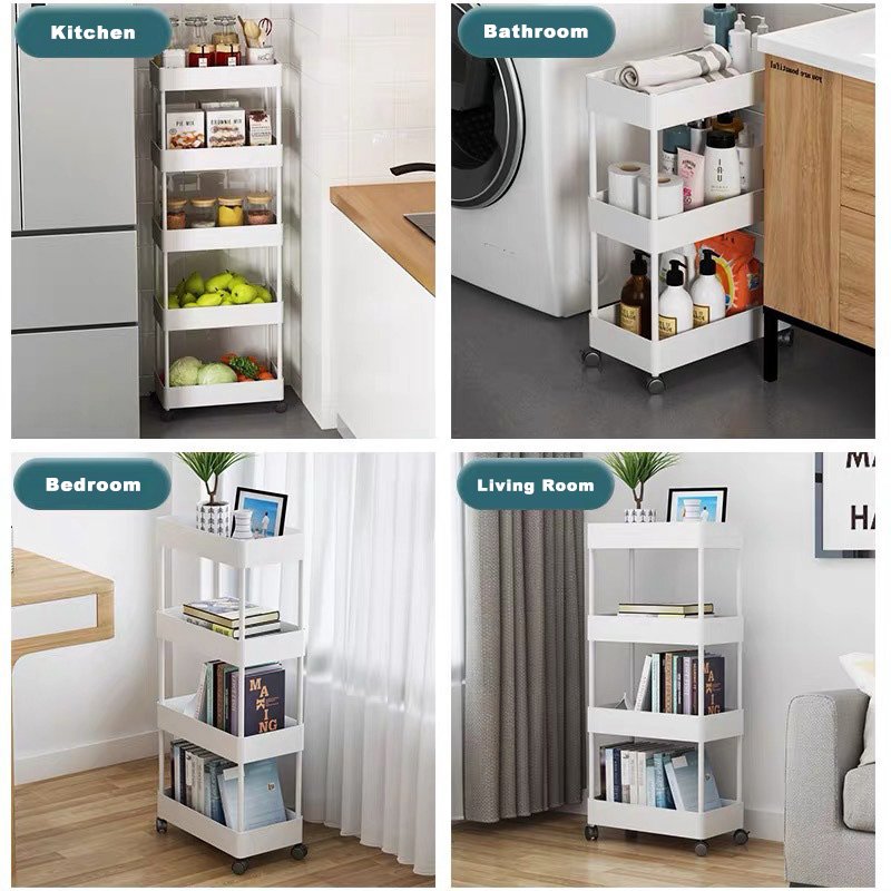 Multifunctional multi-layer metal storage rack which can be placed in the gap between the refrigerator or washing machine and is suitable for storing fruits, vegetables, seasonings, toiletries, books and so on