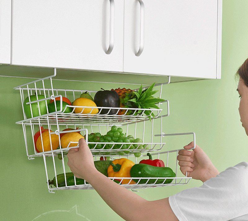 Multifunctional drill-free metal hanging baskets that can be freely combined in multiple layers, which can be hung on cabinets to store fruits and vegetables, in closets to store clothes, and under desks to store snacks