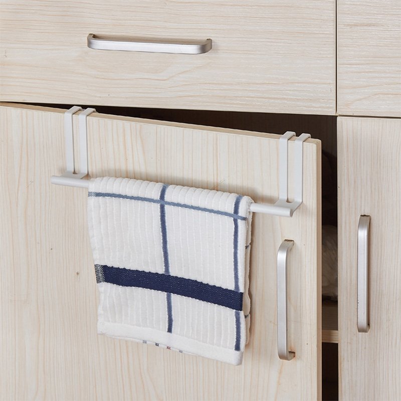 Drill-free metal drying hanger that can be hung on cabinet doors or bathroom doors and used to store rags, towels and tissues