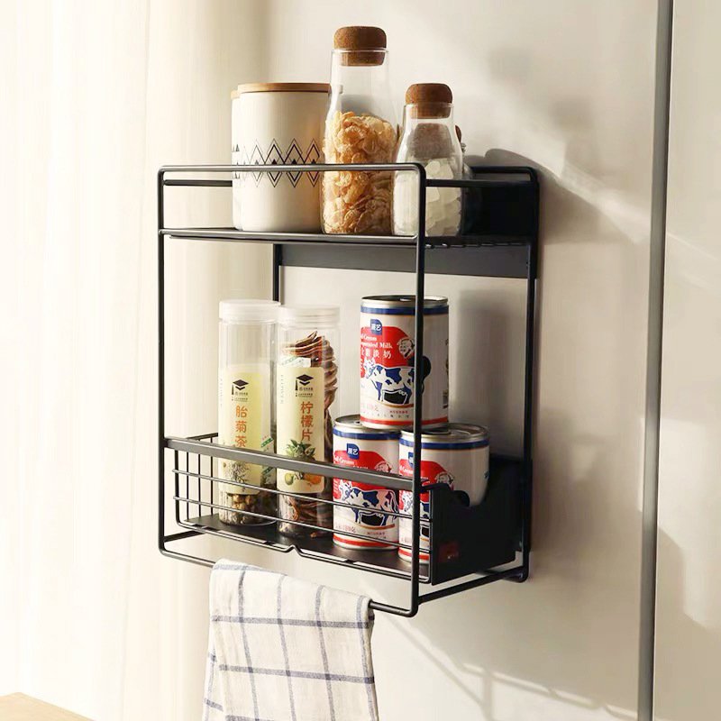 Multifunctional magnetic refrigerator side storage rack that requires no installation which can be used to organize spice bottles, oil and salt cans, rags, etc