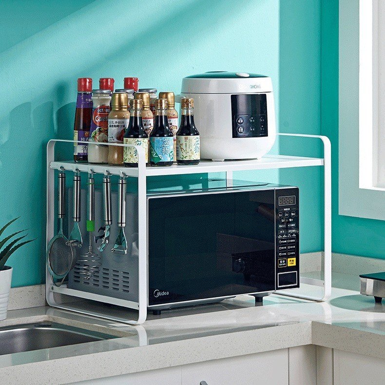 Double – deck countertop oven storage organizer, a space – saving kitchen item for storing microwaves and other items